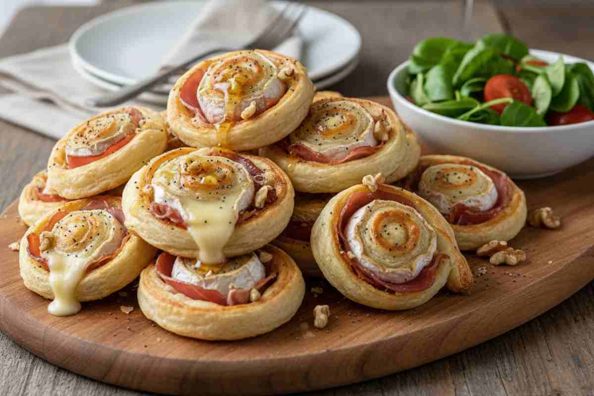 Spirali di sfoglia con speck e brie su di un tagliere di legno