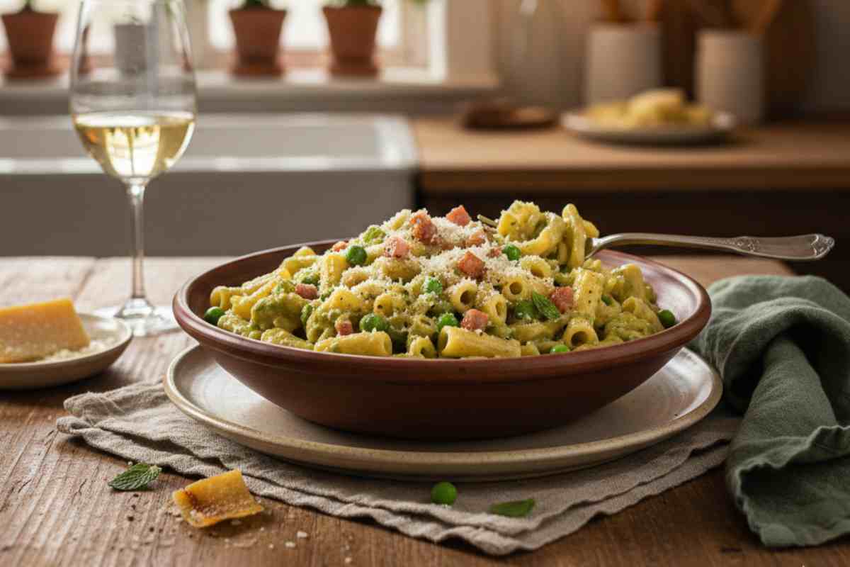 Pasta e piselli in un piatto su tavola rustica