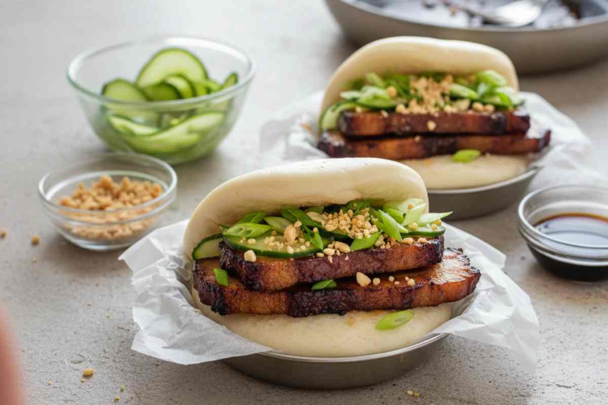Bao Bun con Pancia di Maiale croccante su una tavola apparecchiata