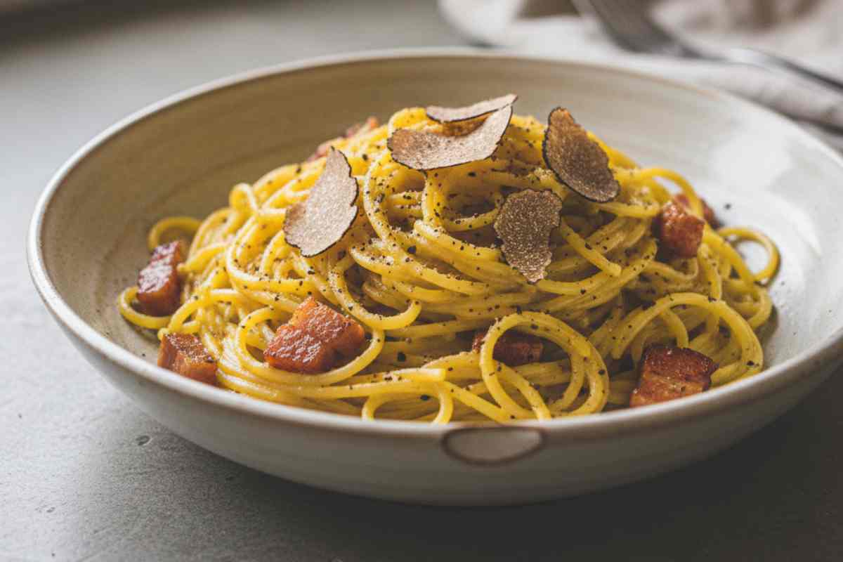 Carbonara al tartufo in un piatto bianco
