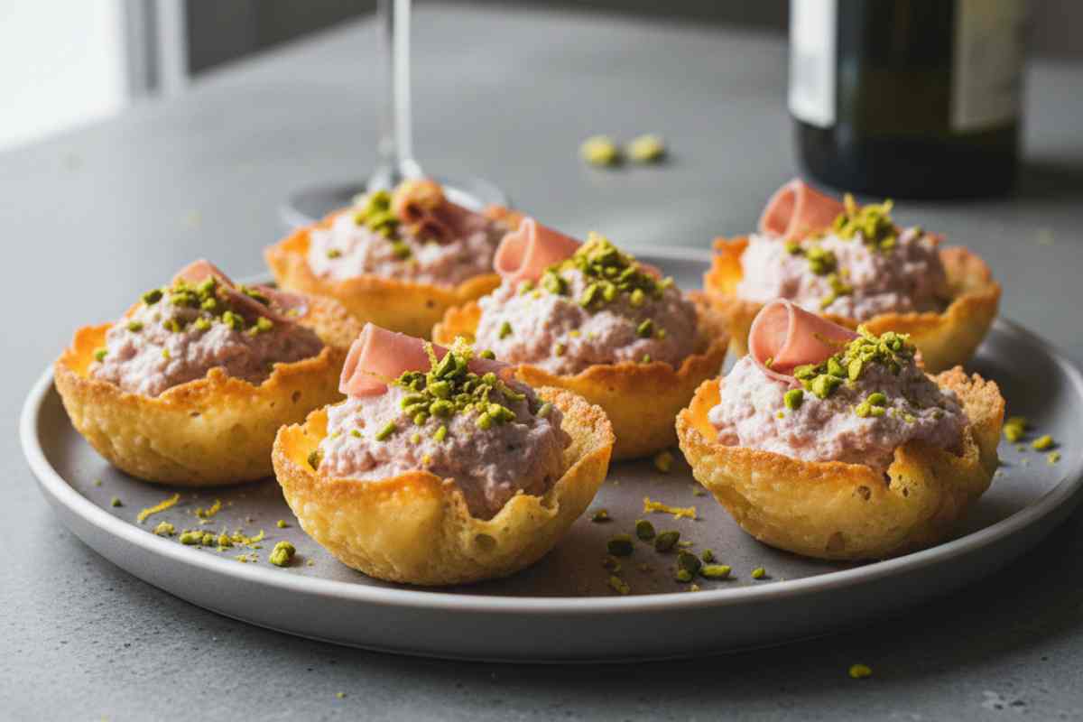 Cialde di Parmigiano alla mousse di Bologna in un piatto su tavolo