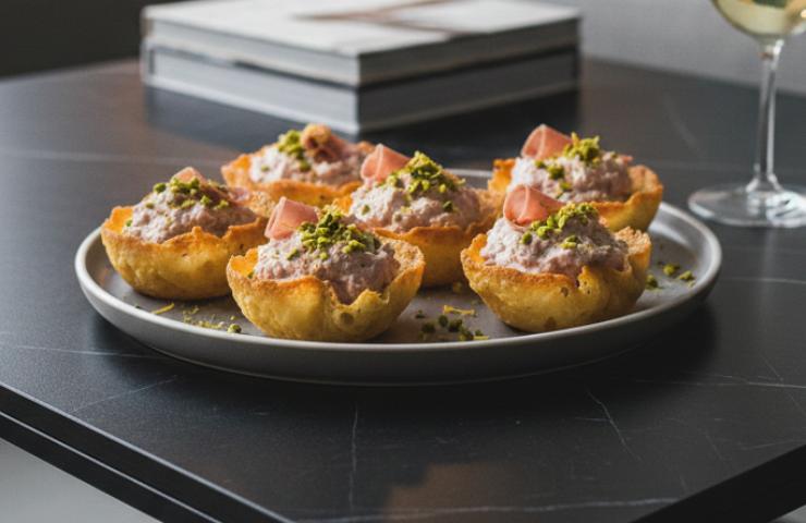 Cialde di Parmigiano alla mousse di Bologna in un piatto su tavolino