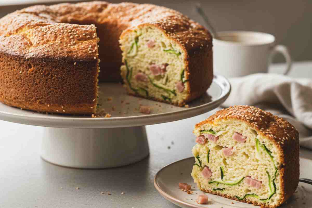 Ciambellone Salato Nuvola in una alzatina con fetta in un piatto