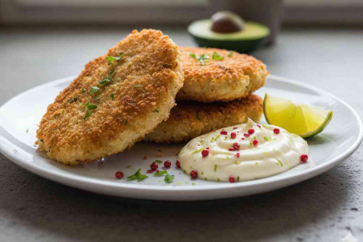 Due Cotolette di Sedano Rapa con Maionese al Lime e Pepe Rosa in un piatto bianco