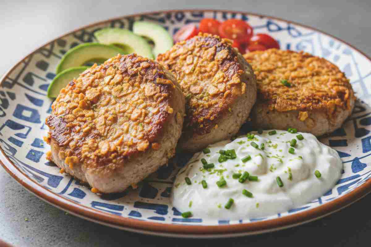 Tre fette rotonde di Filetto di Maiale in Crosta di Nachos e Lime in un piatto decorato