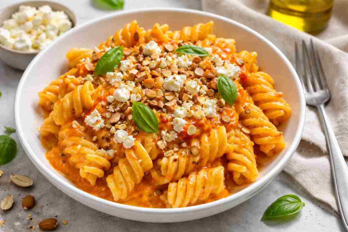 Fusilloni con crema di peperoni arrosto, feta e mandorle in un piatto bianco profondo
