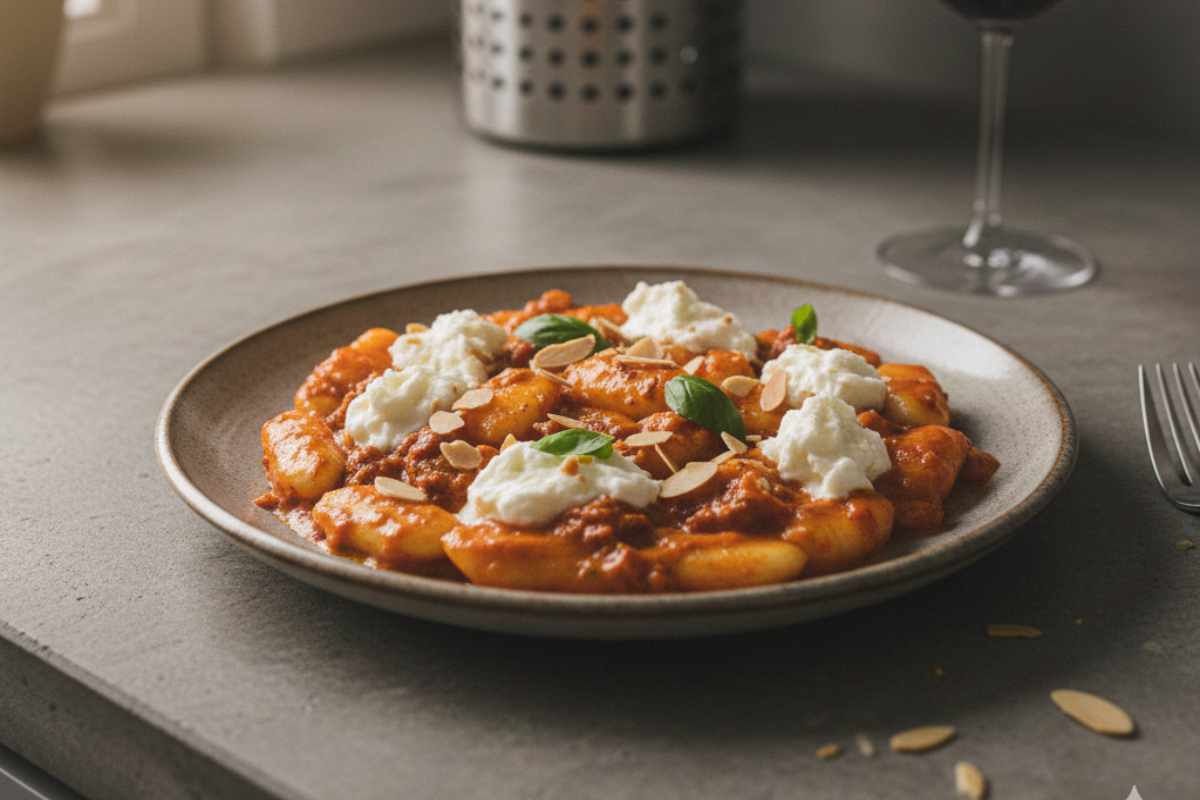 Gnocchi di Riso con Crema di Peperoni Arrostiti e Nduja in un piatto su un tavolo