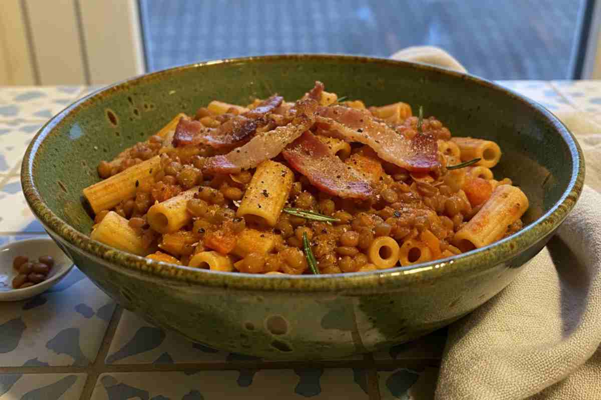 Pasta e Lenticchie alla Boscaiola in una ciotola verde con guanciale sopra