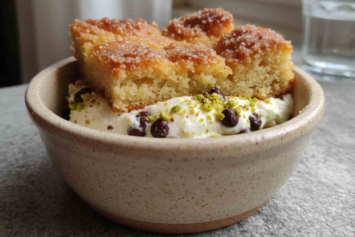 Una porzione di Mattonella di Pan di Spagna con ricotta e cioccolato in una ciotola