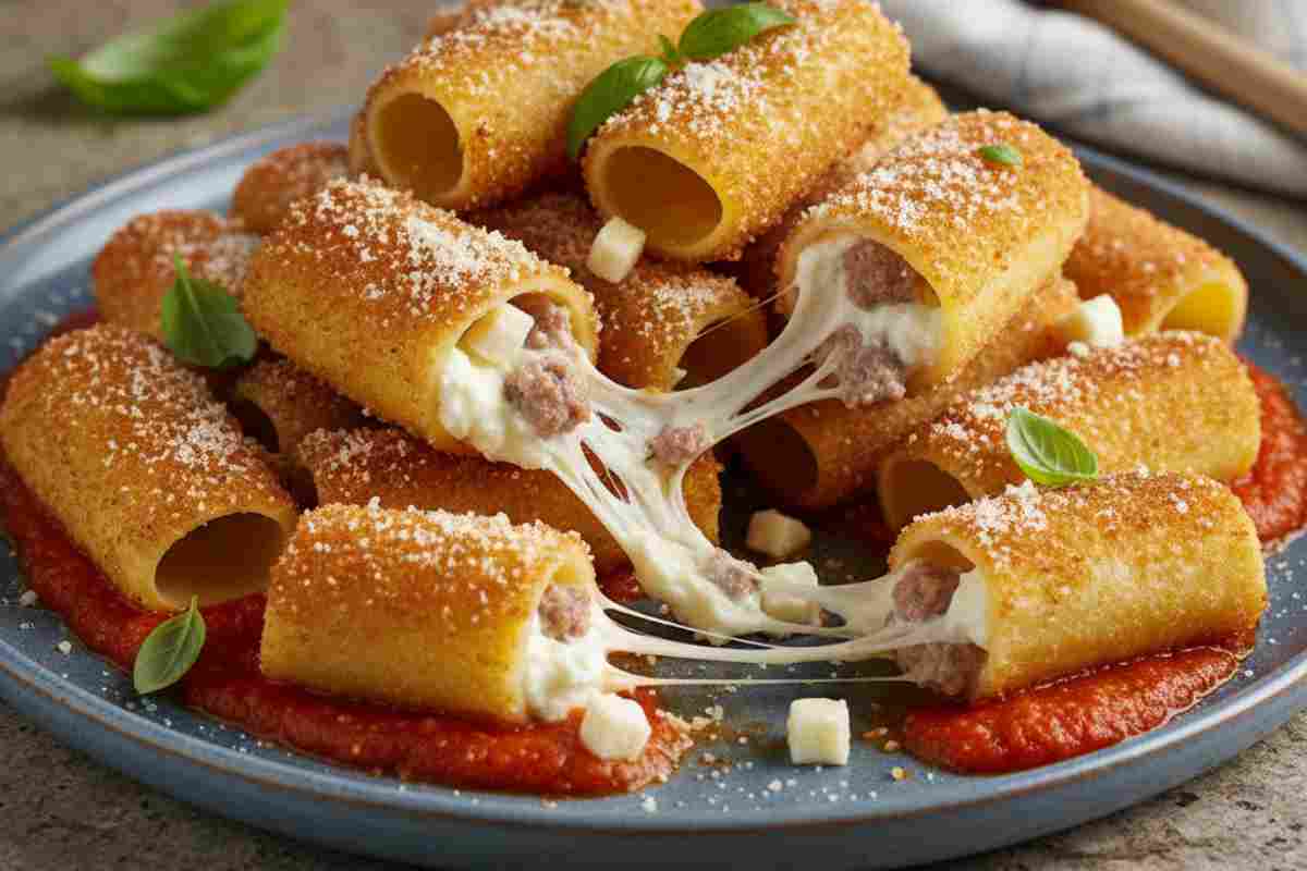 Paccheri Fritti Ripieni filanti in un piatto