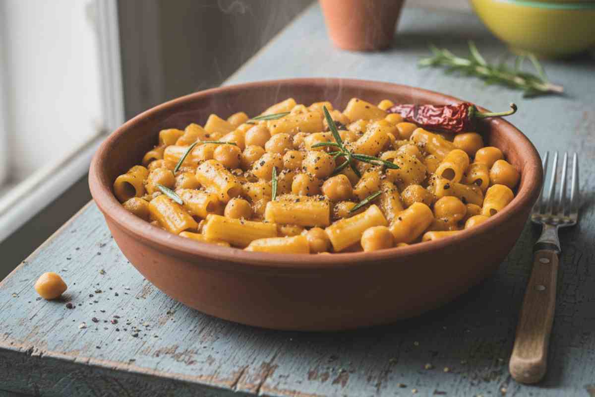 Pasta e Ceci alla Romana in una terrina su tavolo di legno