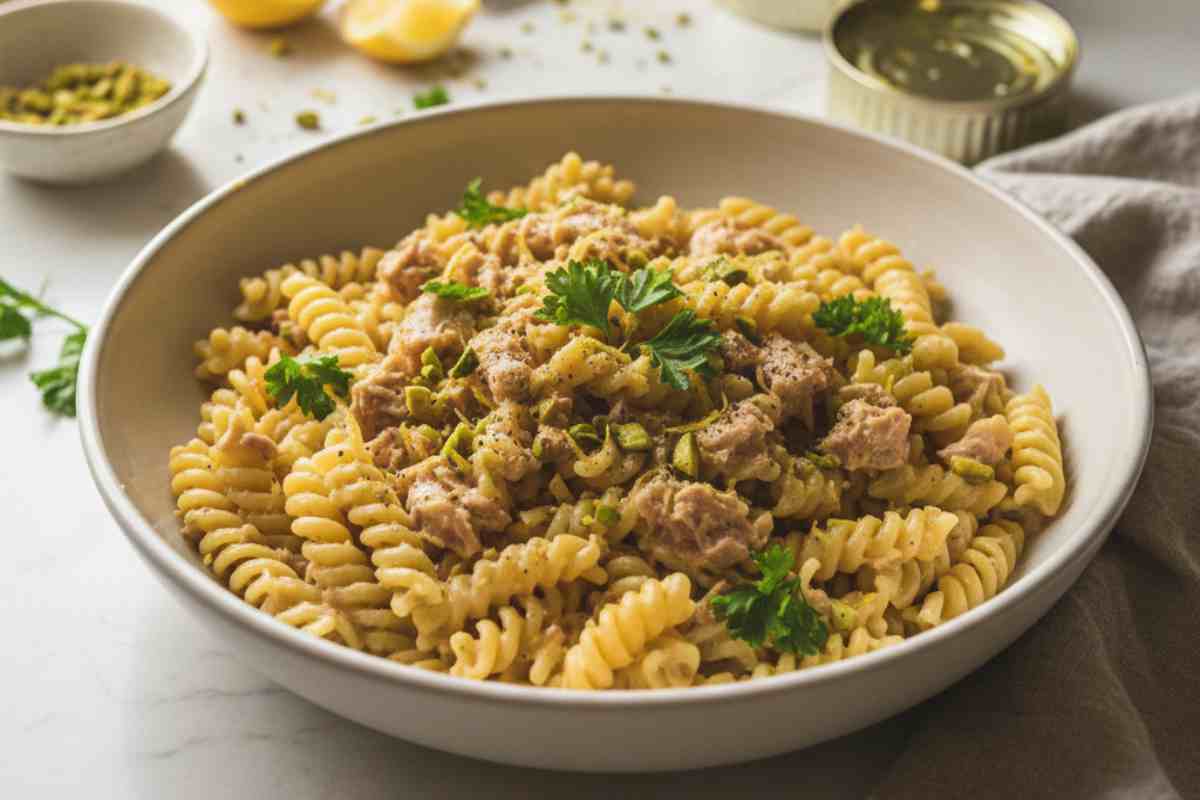 Pasta Tonno, Limone e Pistacchi in un piatto a tavola