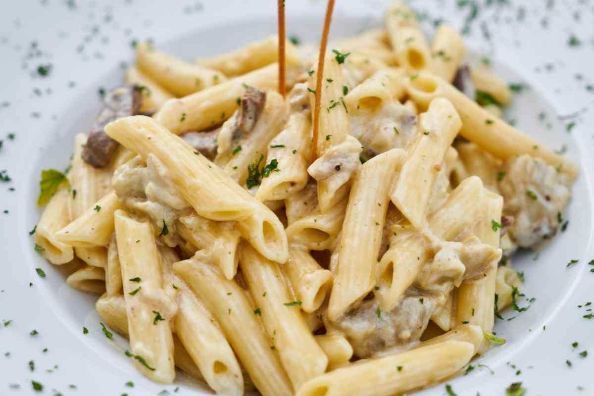 Penne Rigate con Panna e Funghi in un piatto