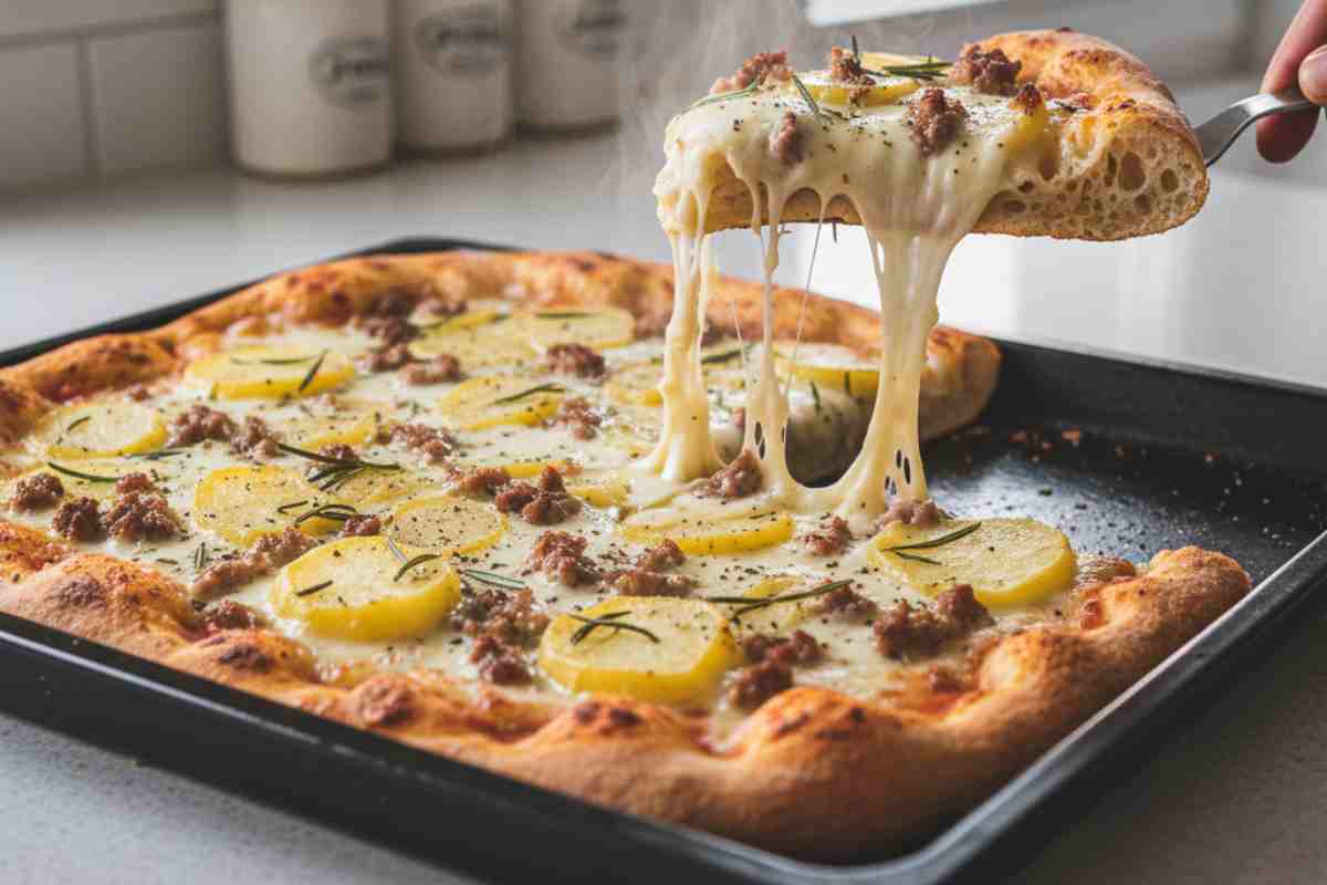Pizza in Teglia alla Romana con una fetta appena tagliata