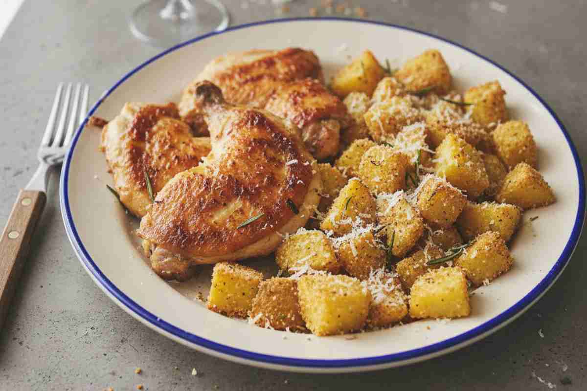 Pollo alla Mattonella con Patate Sabbiose e Pecorino in un piatto