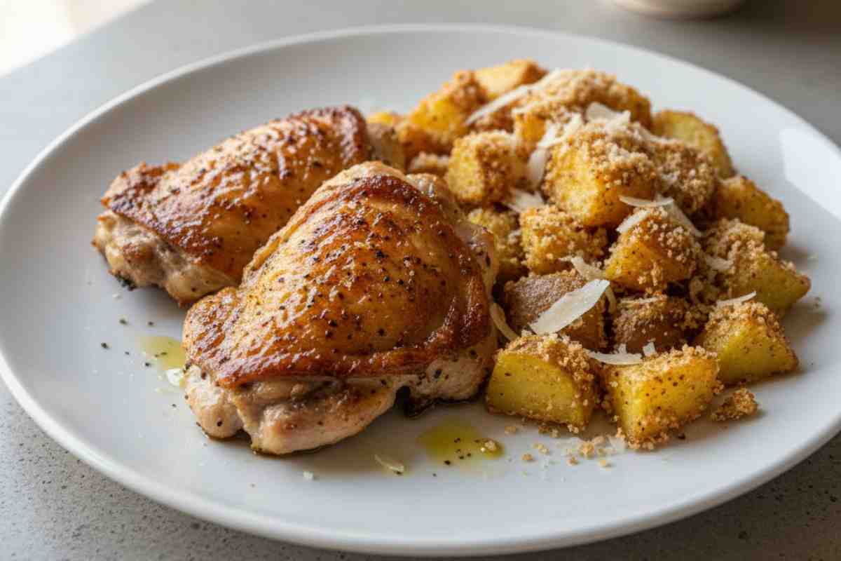 Pollo alla Mattonella con Patate e Pecorino in un piatto