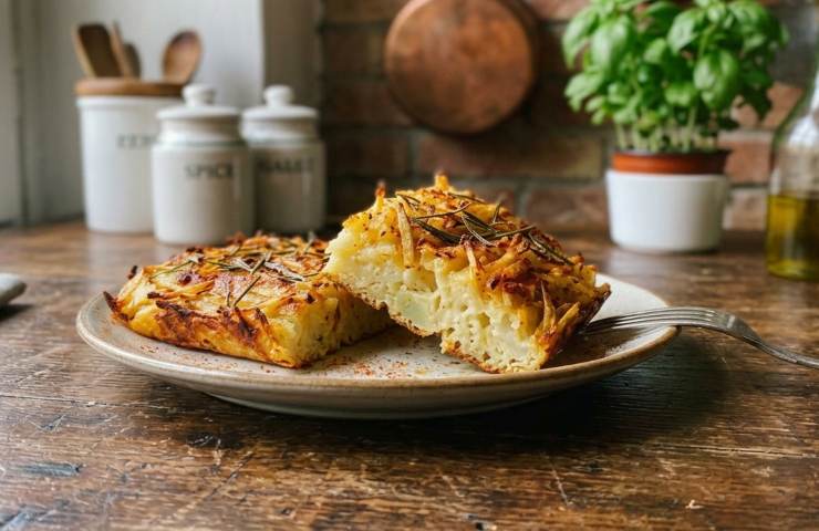 Focaccia di Patate Crude in Teglia a fette in un piatto su tavolo