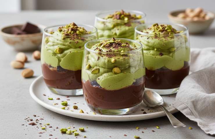 Quattro bicchieri di Mousse al Pistacchio e Cioccolato su un piatto bianco con cucchiaino