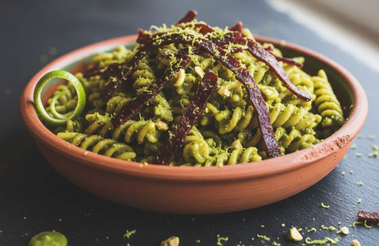 Pasta con Pesto di Pistacchi, Speck Croccante e Scorza di Lime in una terrina marrone