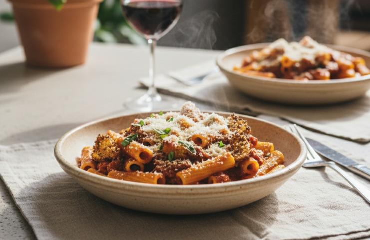 Rigatoni Sfritti alla Povera in due piatti su tavola apparecchiata