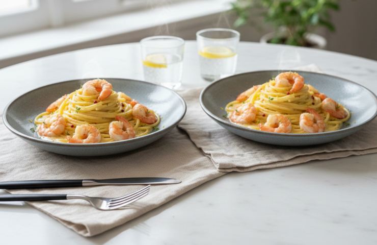 Tagliolini al Limone e Gamberi in due piatti bianchi su tavola apparecchiata