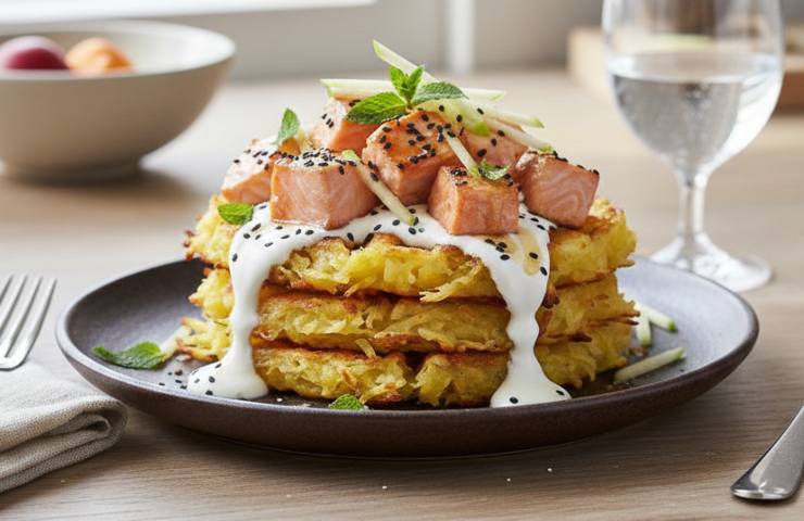Waffle Croccanti al Salmone in un piatto scuro su tavolo chiaro