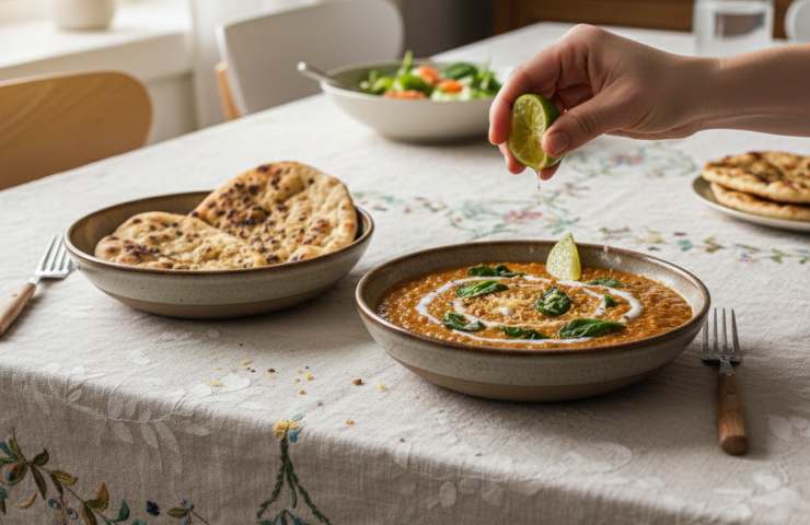 Zuppa Cremosa di Lenticchie Rosse in due piatti su tavola con tovaglia bianca