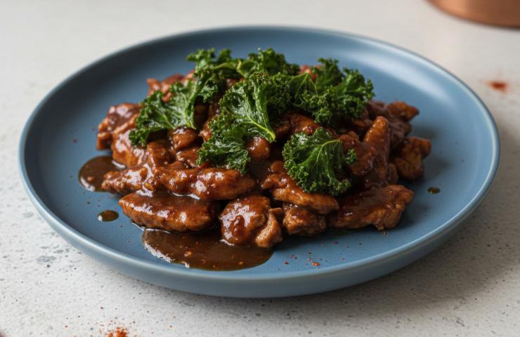 Straccetti di Tacchino alla Birra Scura e Paprika in un piatto bianco