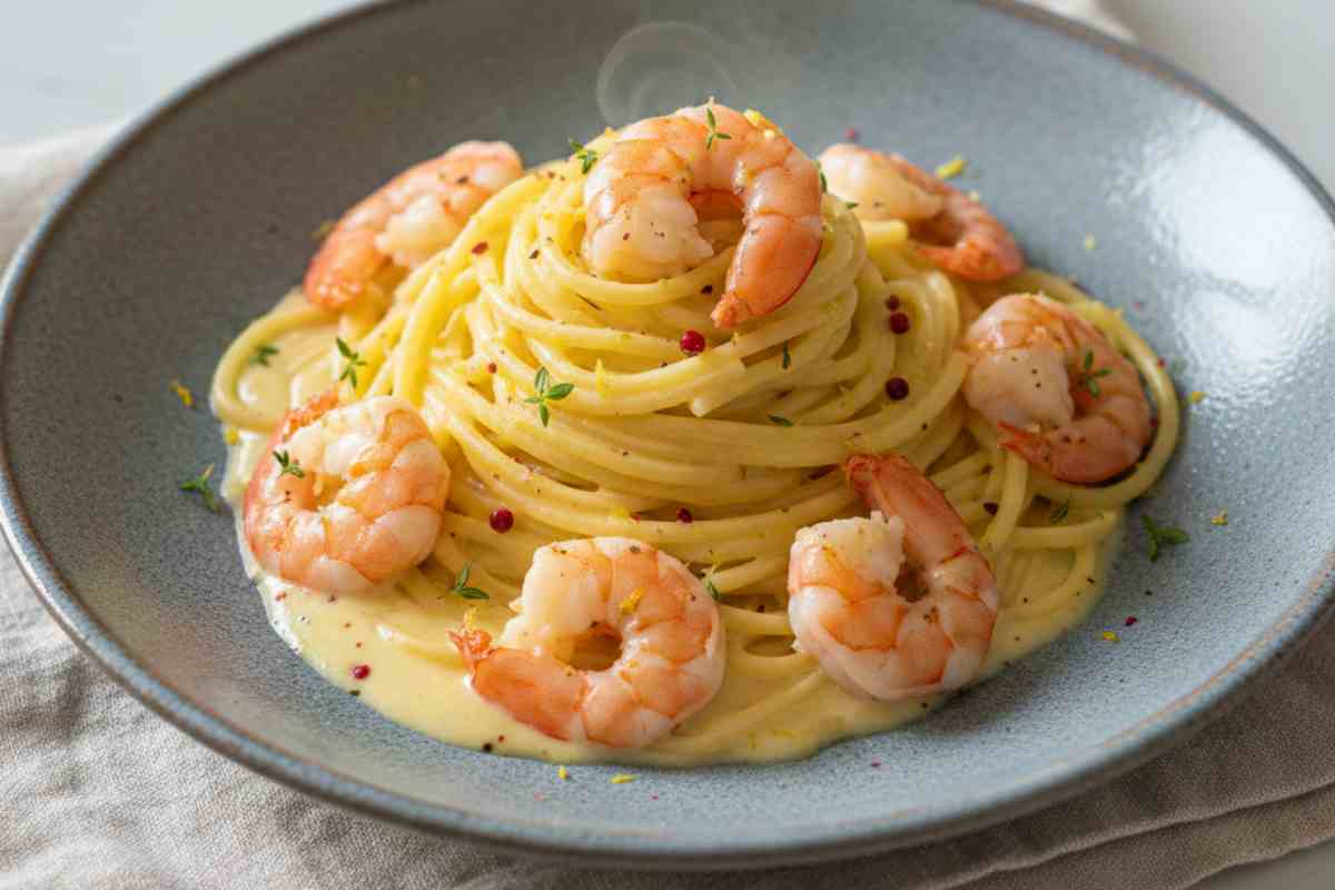 Tagliolini al Limone e Gamberi in un piatto bianco