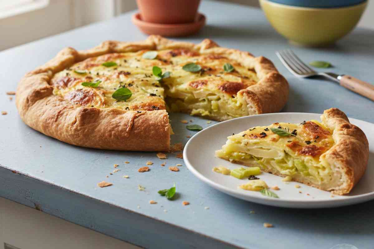 Torta Salata di Patate e Porri alla Ligure con una fetta tagliata in un piatto