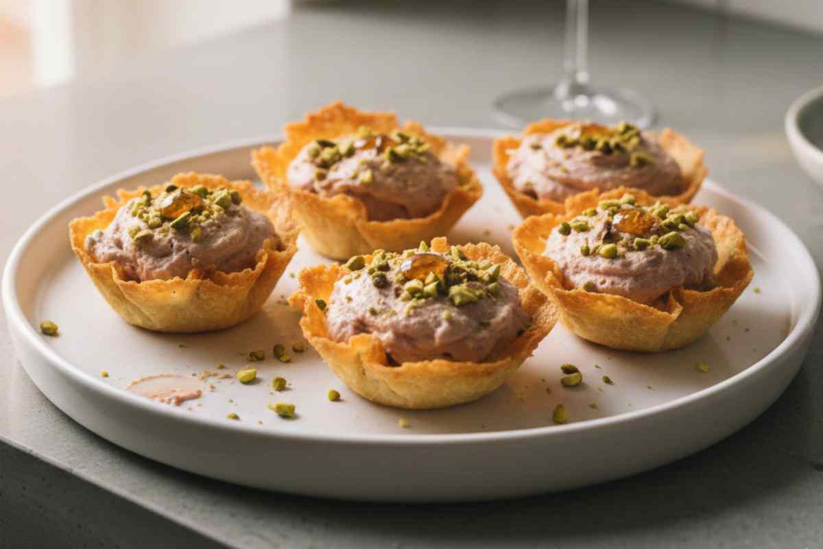 Cestini di Grana croccanti con mousse di mortadella in un piatto bianco