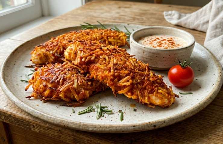 Straccetti di Pollo in Crosta di Patate e Paprika in un piatto con pomodorini e salsa