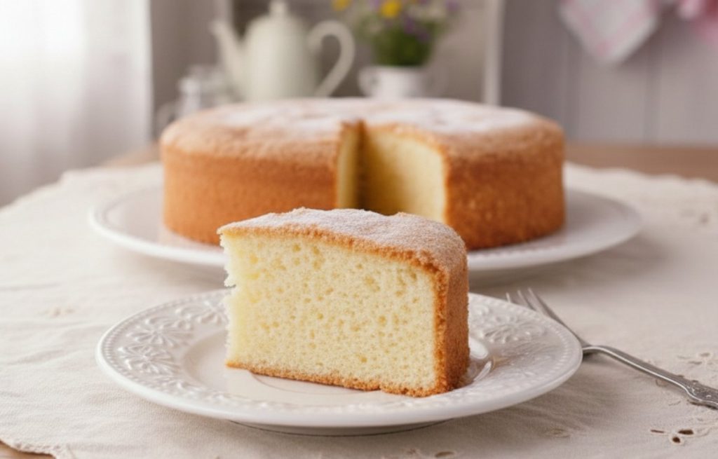 Dettaglio ravvicinato della fetta di Pan di Spagna strutturato: si nota la mollica soffice, gialla e con alveoli regolari, ideale per assorbire la bagna della torta Mimosa.