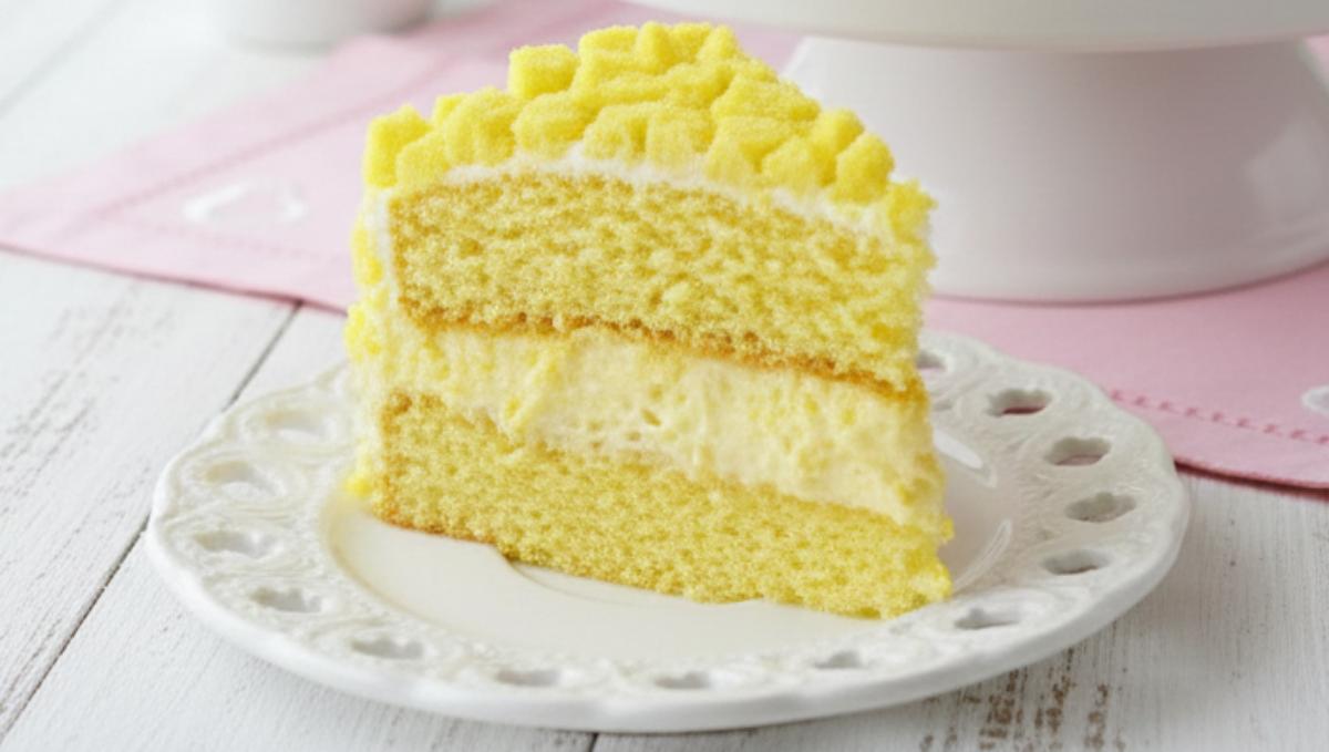 Fetta di torta mimosa in primo piano su piattino decorato, si vedono chiaramente gli strati di pan di spagna e la ricca farcitura di crema diplomatica, torta intera sullo sfondo.