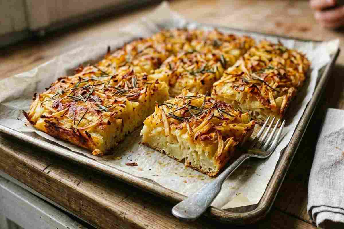 Focaccia di Patate Crude in Teglia in una teglia foderata di carta forno