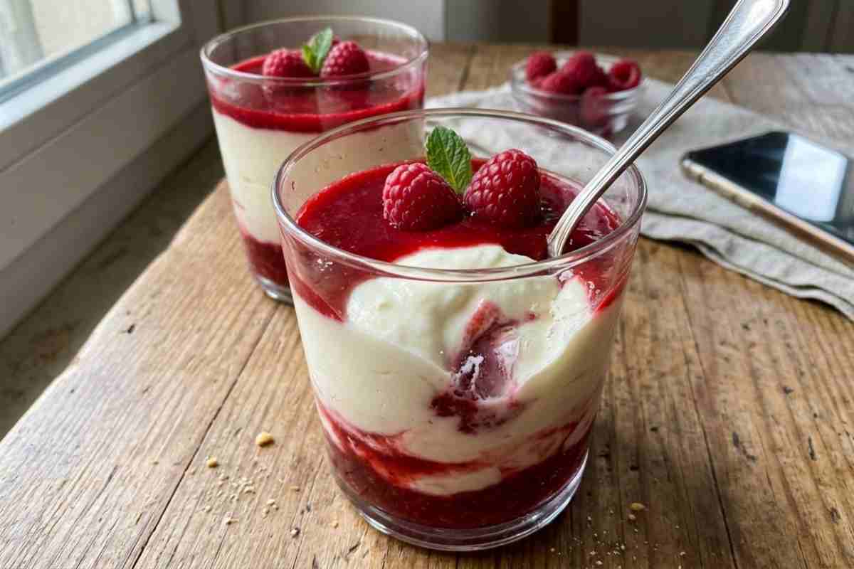 Namelaka al Cioccolato Bianco e Lamponi in bicchieri su tavolo di legno