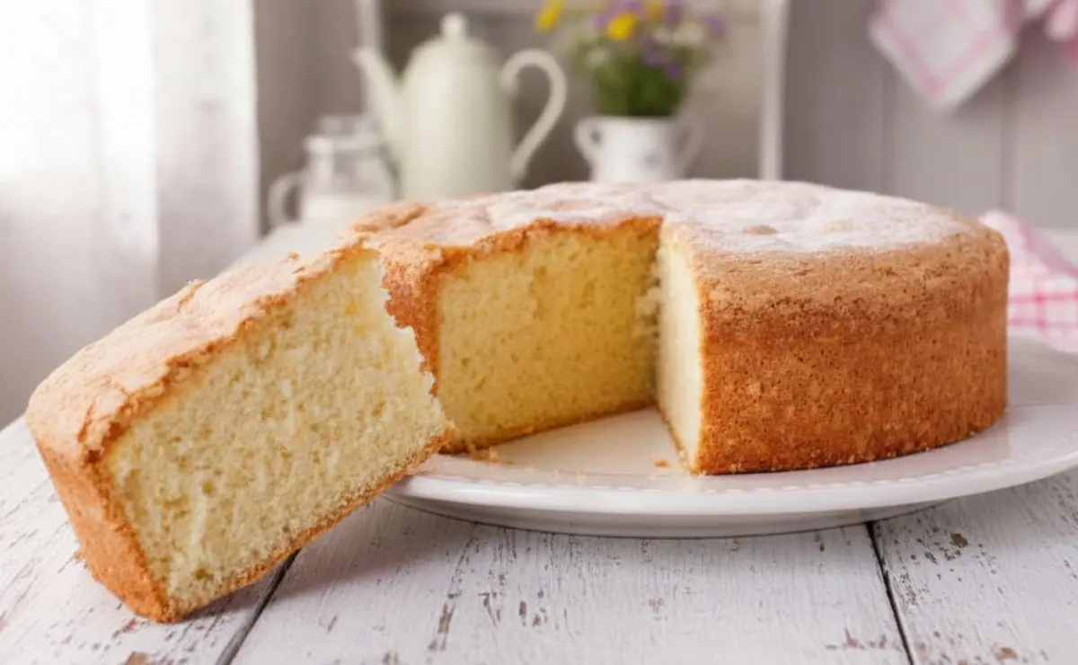 Primo piano di una fetta di Pan di Spagna strutturato per torta Mimosa, mollica gialla e alveolata su piattino bianco e tavola shabby chic.