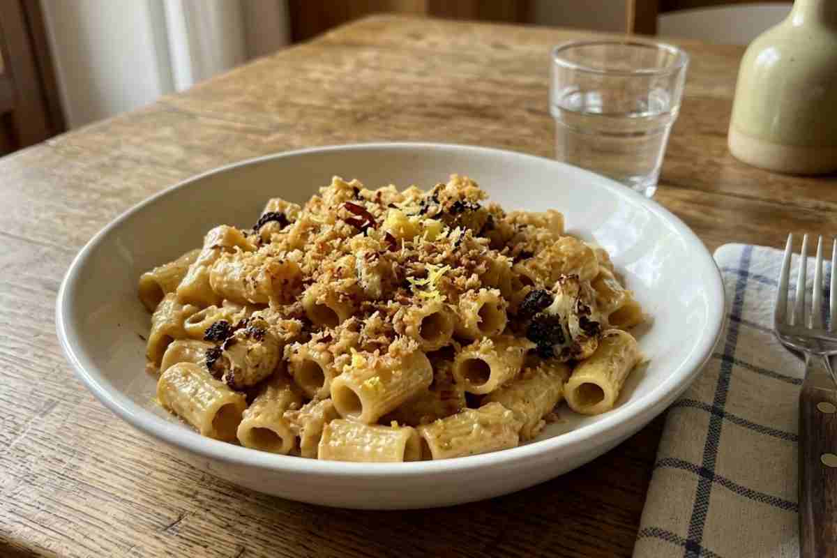 Pasta con Crema di Cavolfiore Arrostito e Briciole di Pane Aromatizzato in un piatto su tavolo