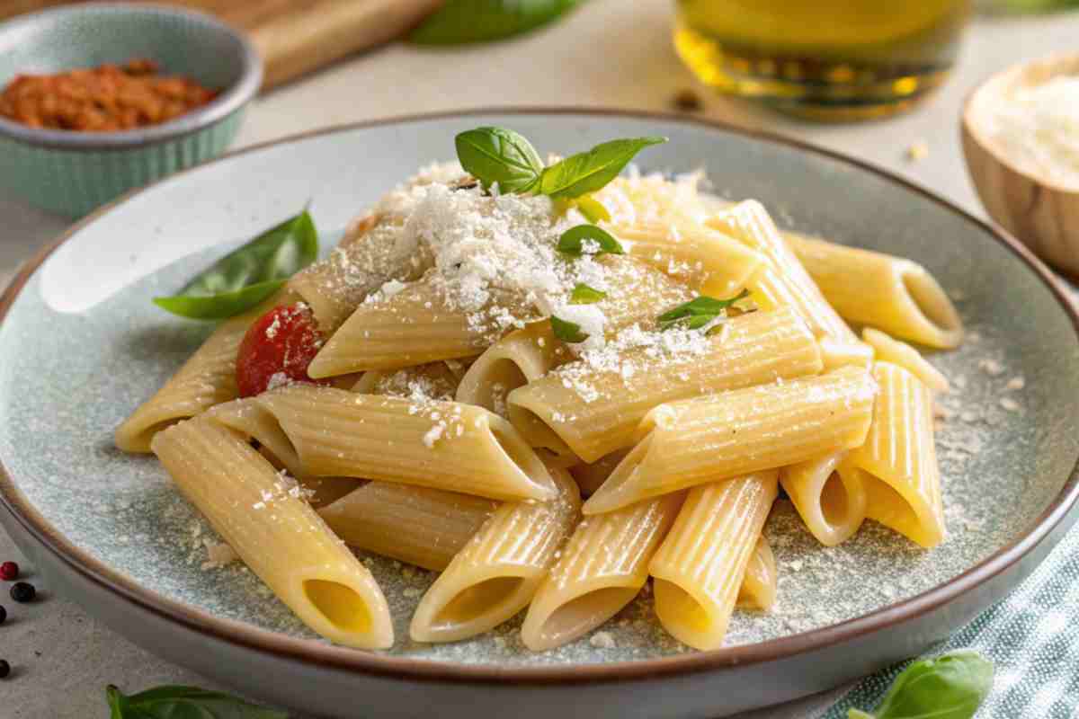 Penne Rigate con Pomodorini, Basilico e Pecorino saltate in padella in un piatto su tavola apparecchiata