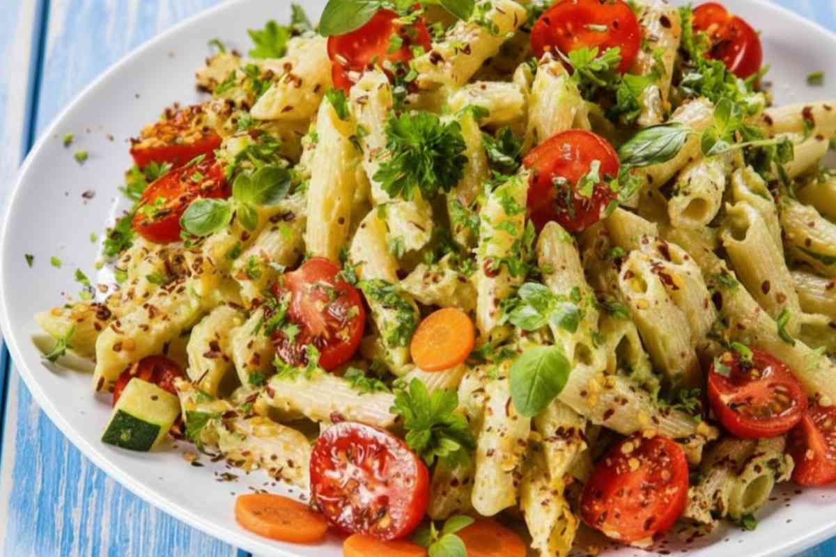 pasta con verdure in piatto bianco