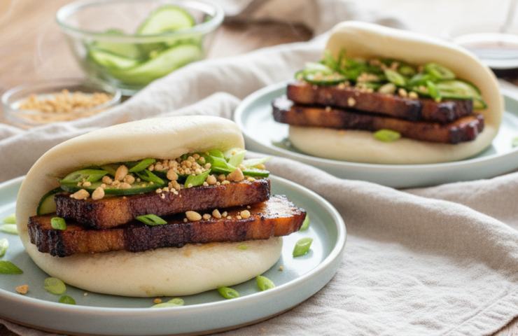 Bao Bun con Pancia di Maiale croccante su una tavola con tovaglia bianca
