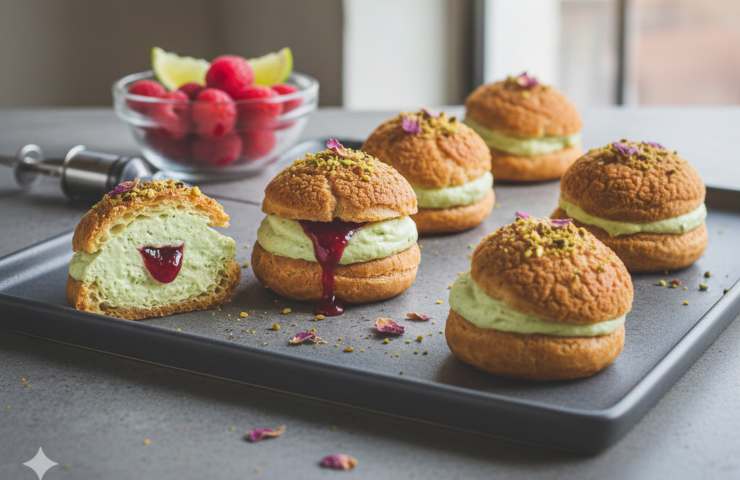 Bignè con Mousse al Mascarpone Pistacchio e Lamponi in un vassoio