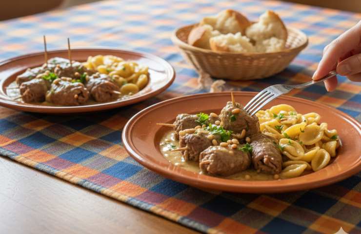 Braciole di Manzo in Bianco in due piatti con orecchiette accanto