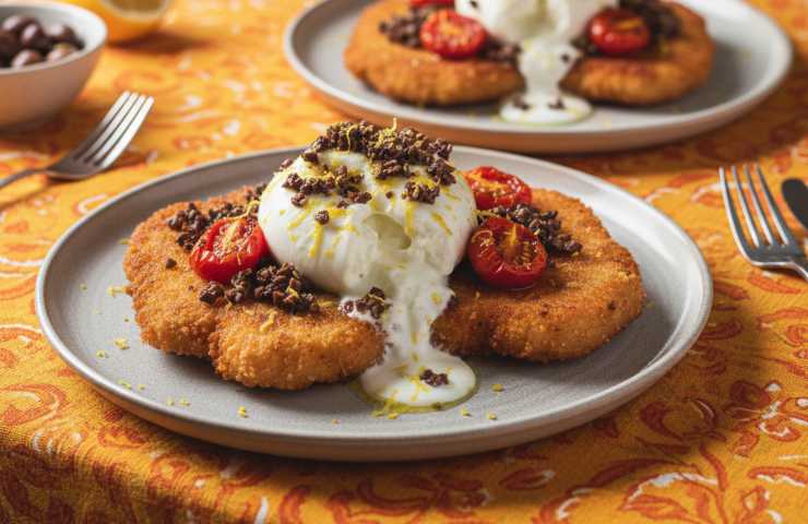Cotoletta Sbagliata in due piatti su tovaglia arancione