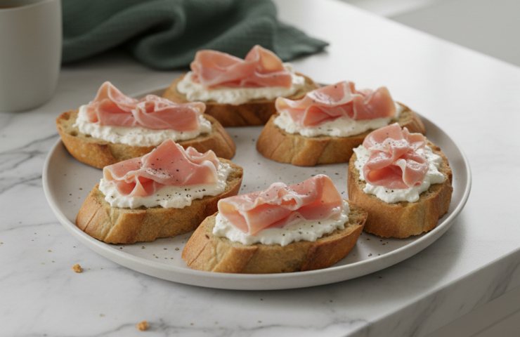 Crostini Caldi con Stracchino e Prosciutto Cotto in un piatto bianco in cucina