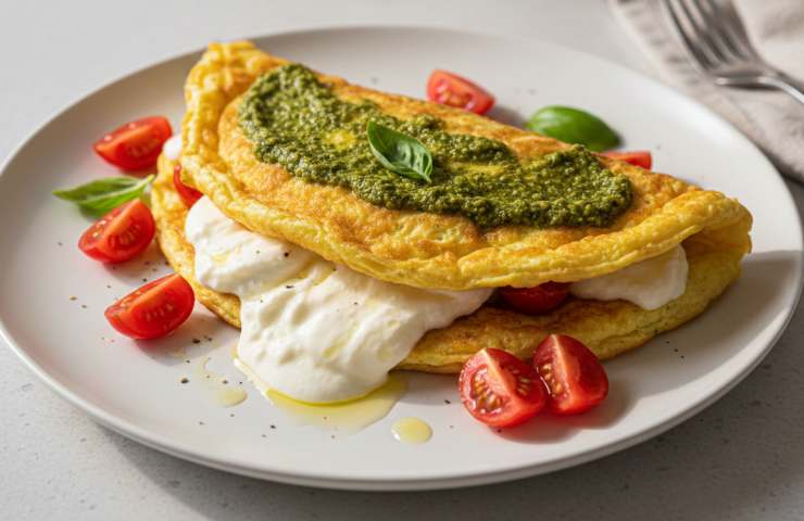 Frittata Nuvola al Pesto e Burrata in un piatto bianco con burrata che fuoriesce