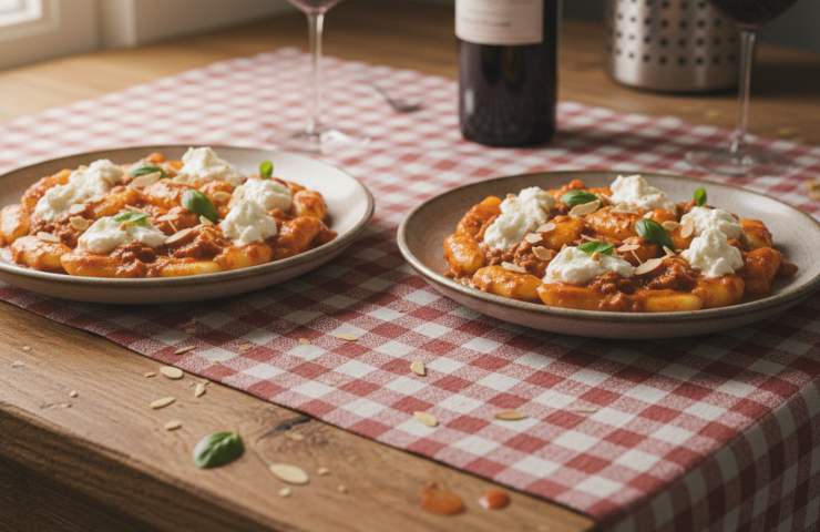 Gnocchi di Riso con Crema di Peperoni Arrostiti e Nduja in due piatti su tovaglia a quadrati bianchi e rossi