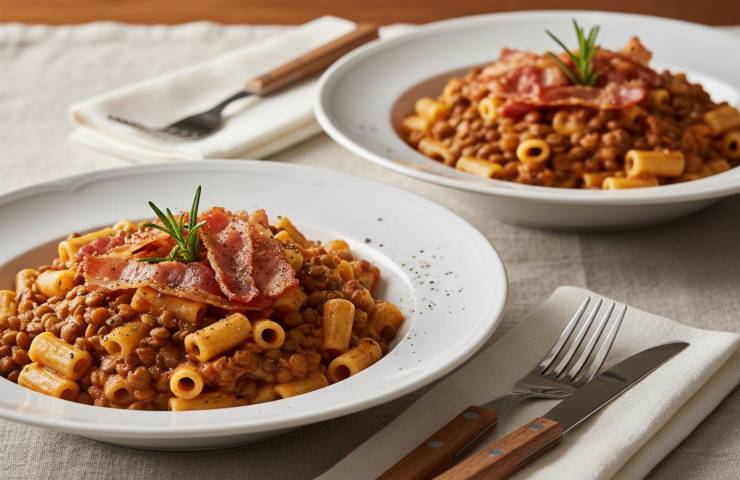 Pasta e Lenticchie alla Boscaiola in due piatti bianchi su tavola apparecchiata