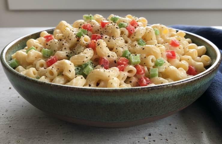 Insalata di Pasta Cremosa in una ciotola ampia scura