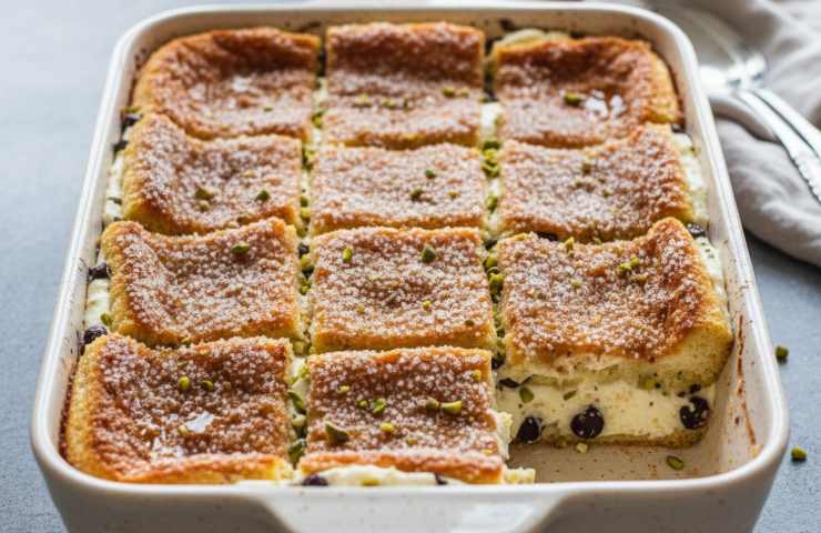 Mattonella di Pan di Spagna con ricotta e cioccolato tagliata a porzioni quadrate in una teglia